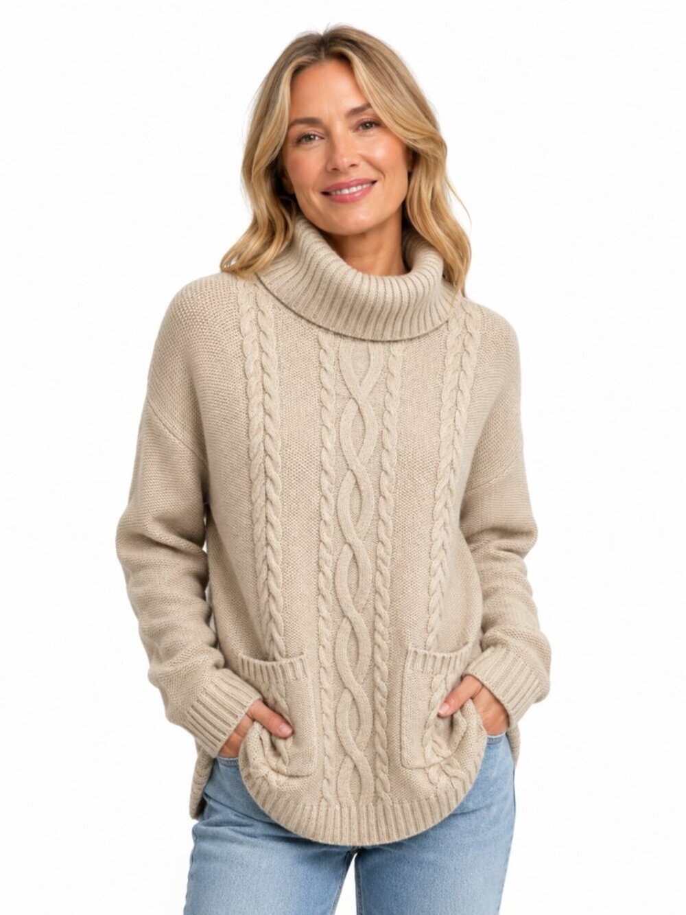 Marled Cable Knit Turtleneck Sweater Beige Cotton Blend Women's XL Cozy Oversize
